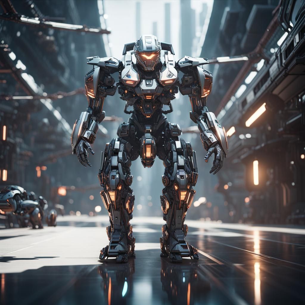 Man Driving Intricate Mech Suit in Futuristic City