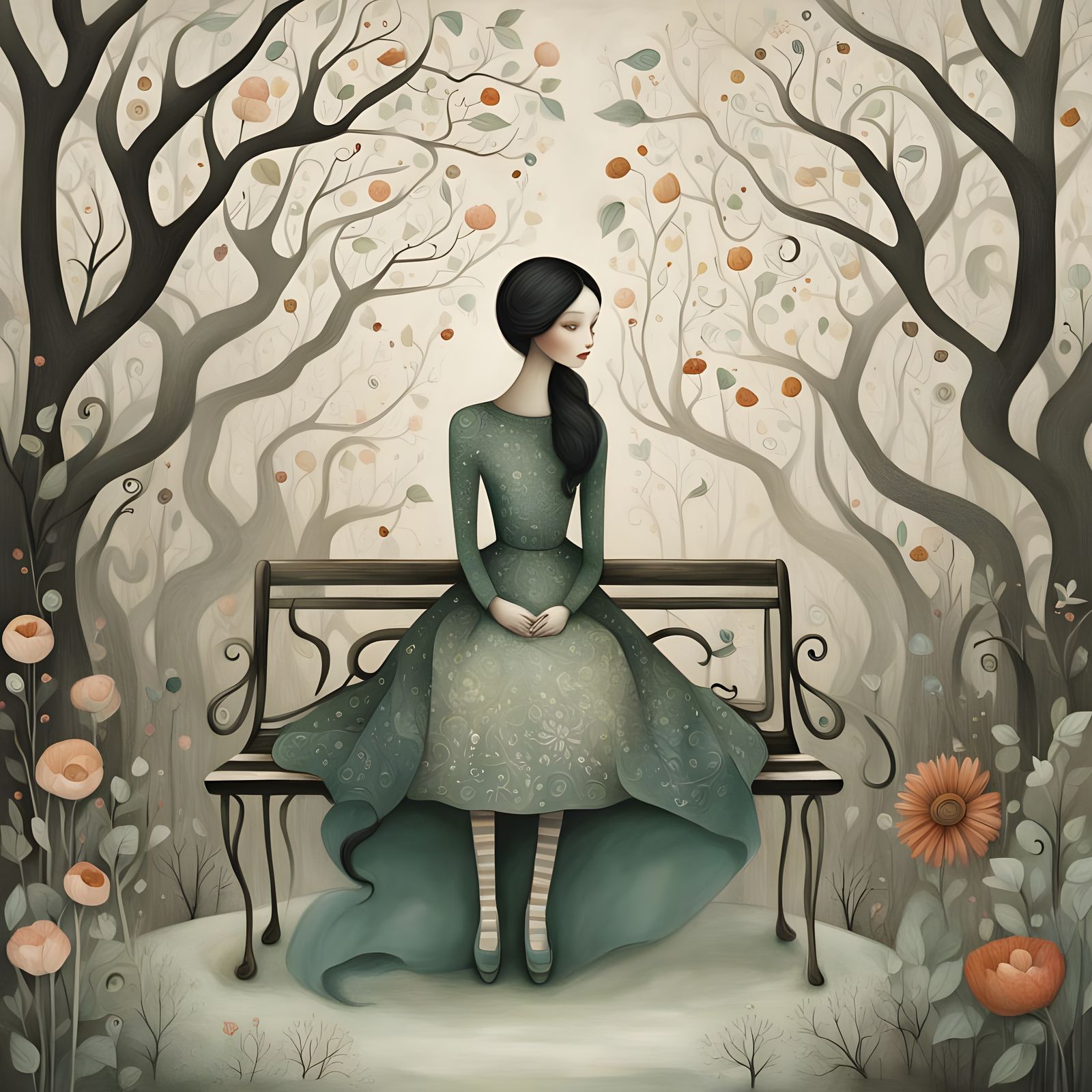 Whimsical Folk Girl in Snowy Garden Sanctuary