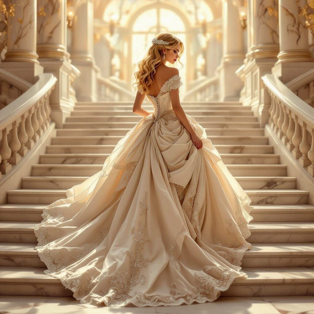 Girl Descending Palace Steps in Art Nouveau Style