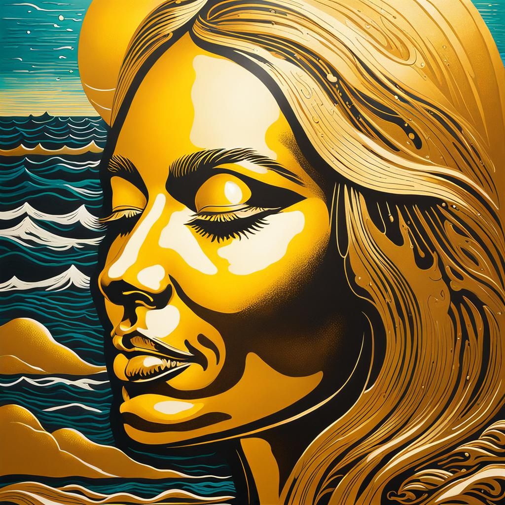 Golden Moon Over Sea Waves in Linocut Style