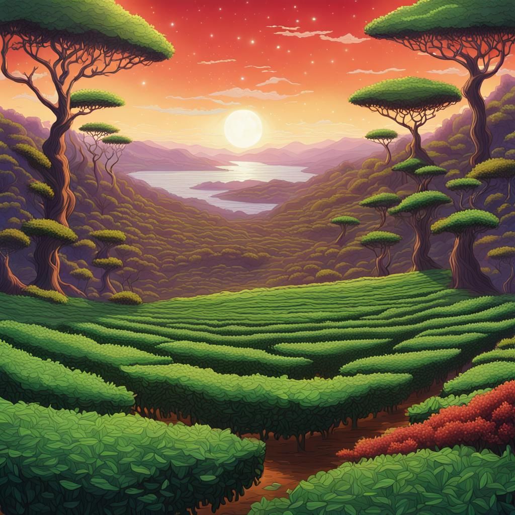 Lush Tea Plantation in Cosmic Mixed Media
