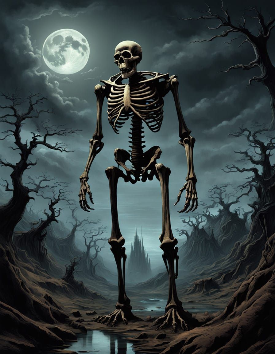 Gashadokuro in Dark, Moonlit Landscape, Inspired by Dark Fan...