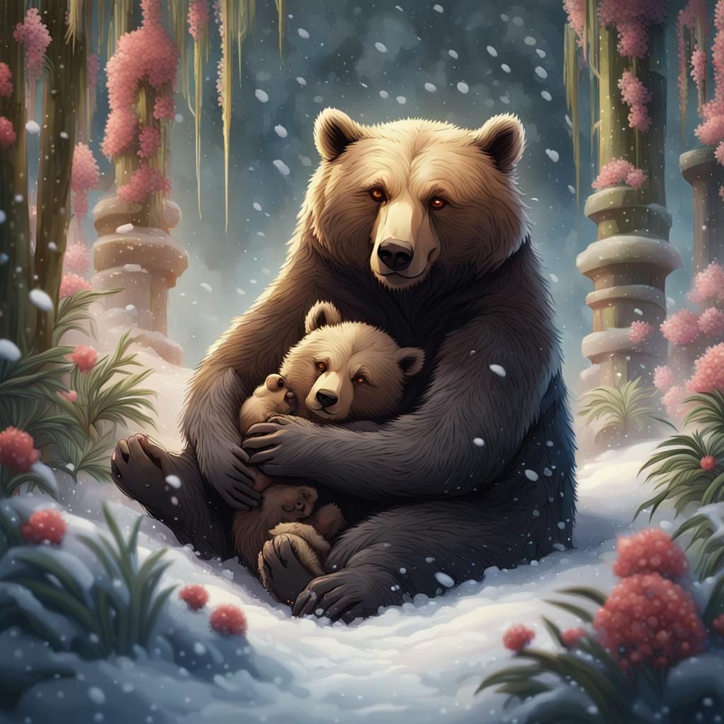 Loving Mother Bear in Snowy Bamboo Garden