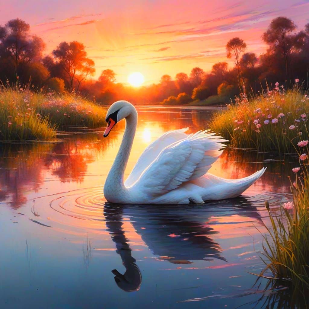 Elegant Swan in Sunset Serenity