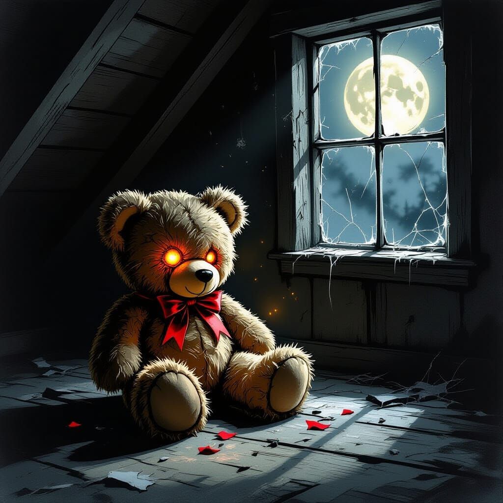 Eerie Teddy Bear with Fiery Eyes in Dusty Attic