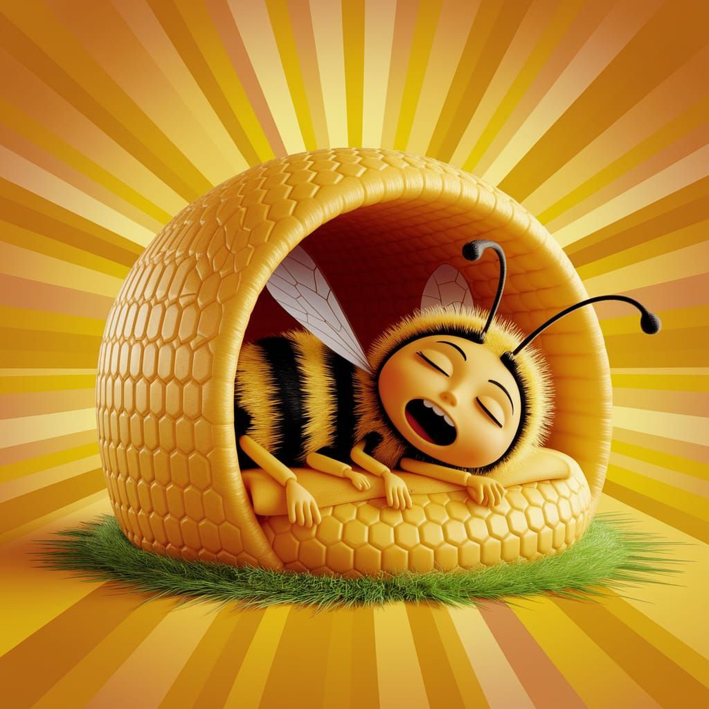 Sleepy Bumblebee in Cozy Hive: 3D Digital Art