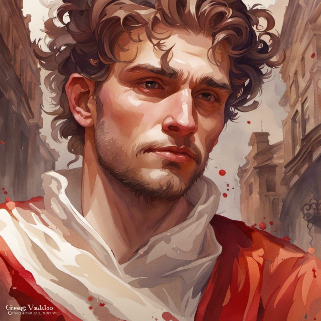 Elizabethan Bard with Red Toga, Watercolor Portrait