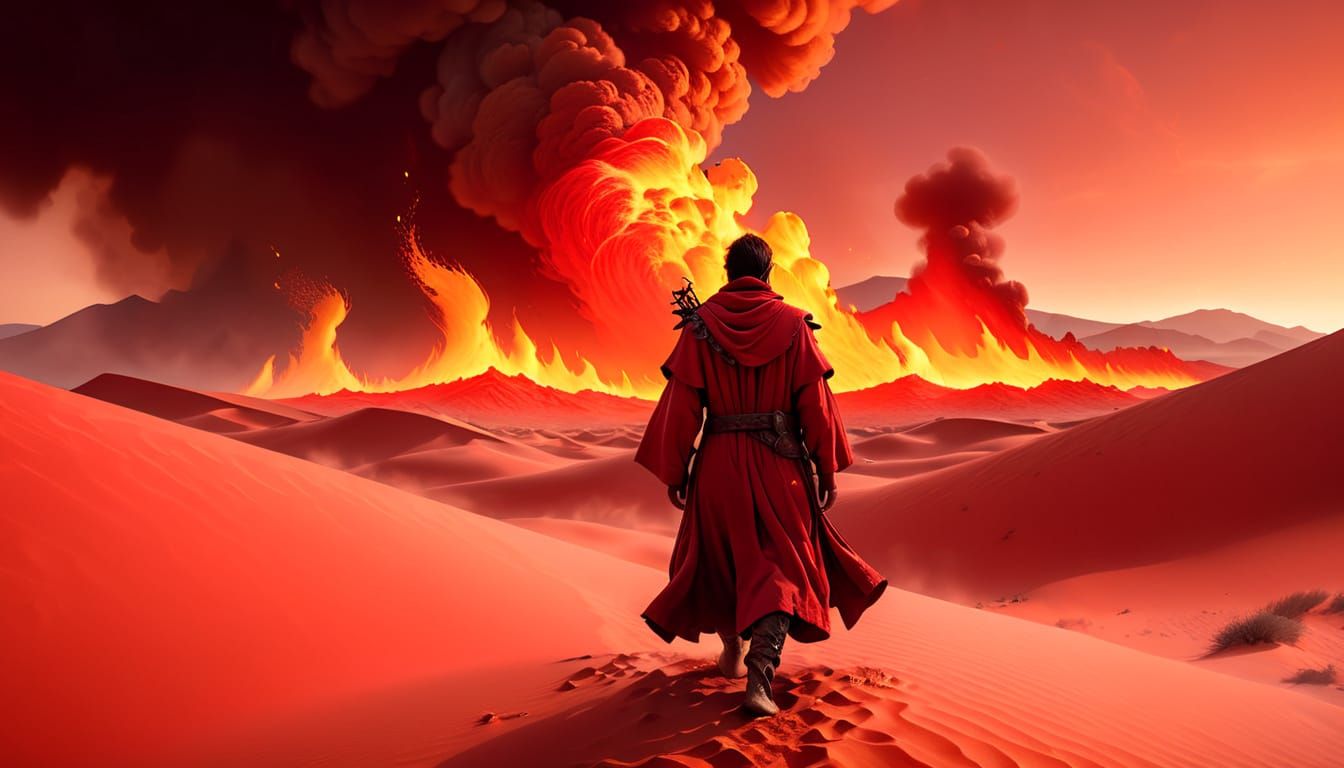 Fire Red Desert Wanderer in Digital Matte Painting Style