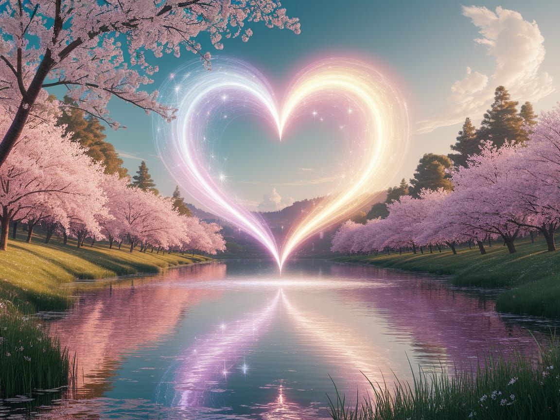Glowing Heart Portal Above Cherry Blossom Lake