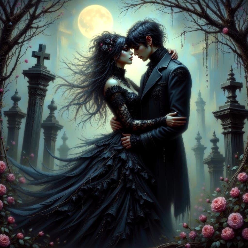 Gothic Couple's Twilight Embrace in Graveyard