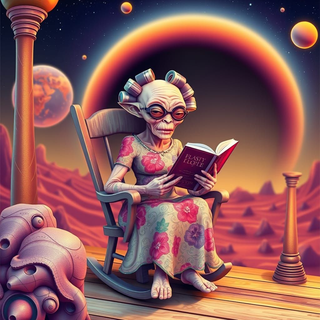 Elderly Alien Lady Relaxing in Abstract Fractal Style