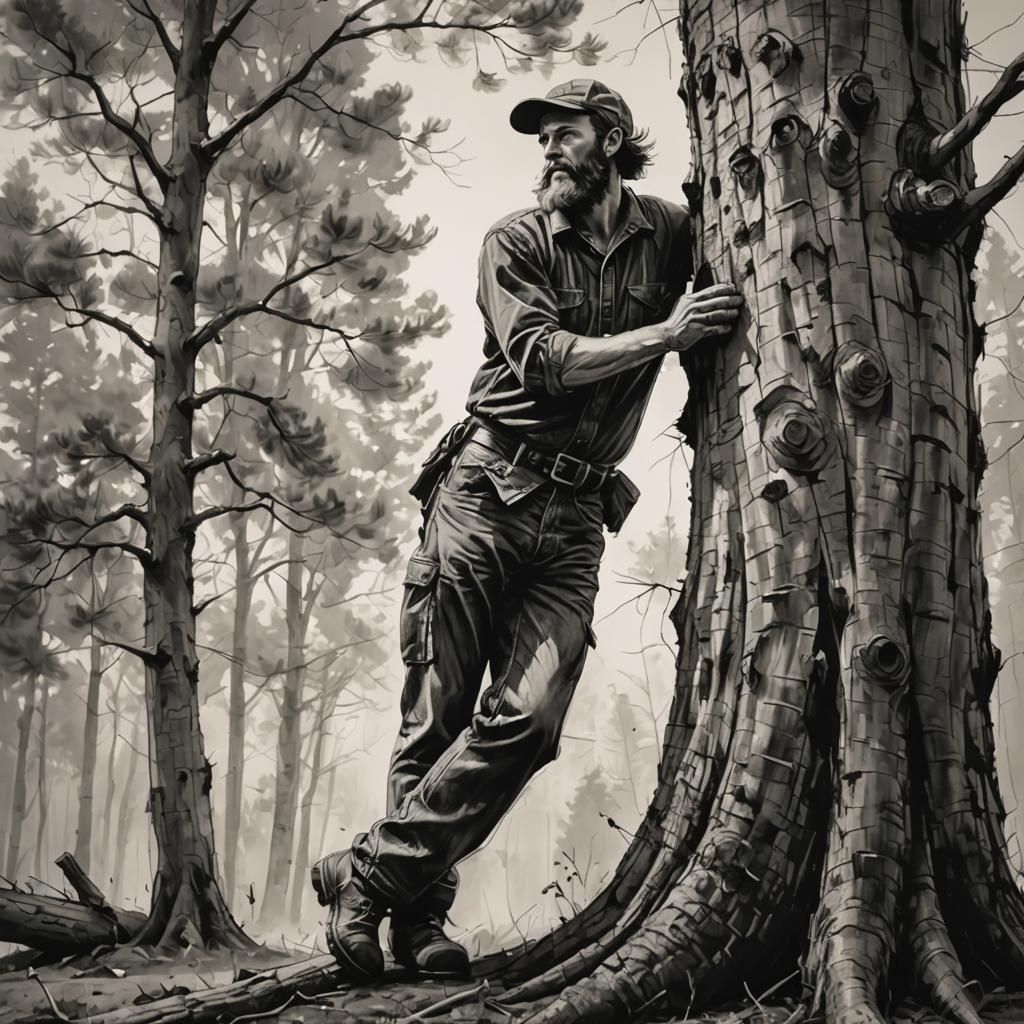 Lumberjack Leaning on Tree: Digital Ink and Charcoal