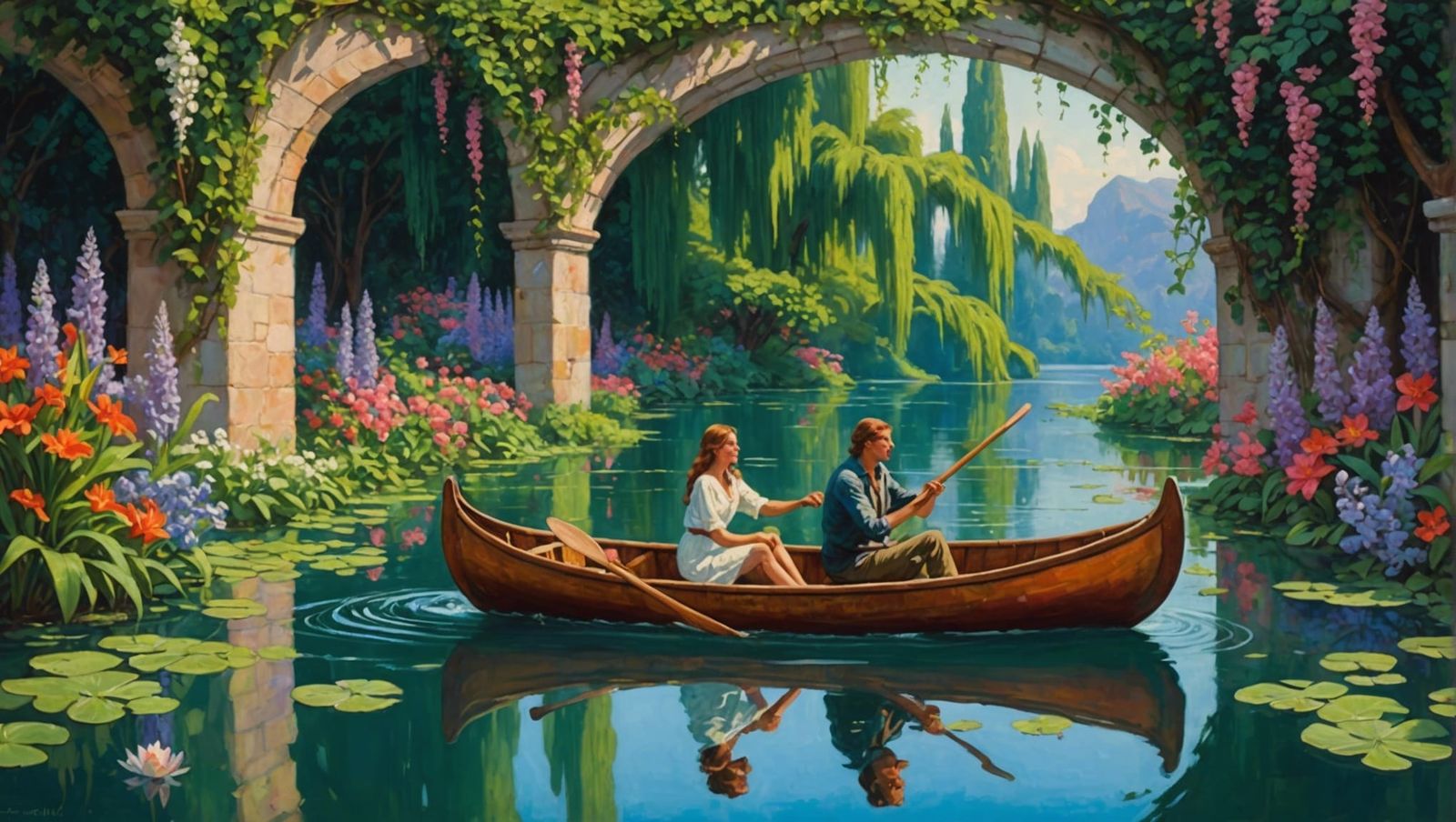Lovers in Canoe: Vibrant Floral Oil Painting