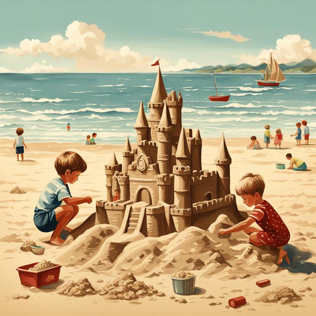 Children Building Sand Castle on Sunny Beach Day