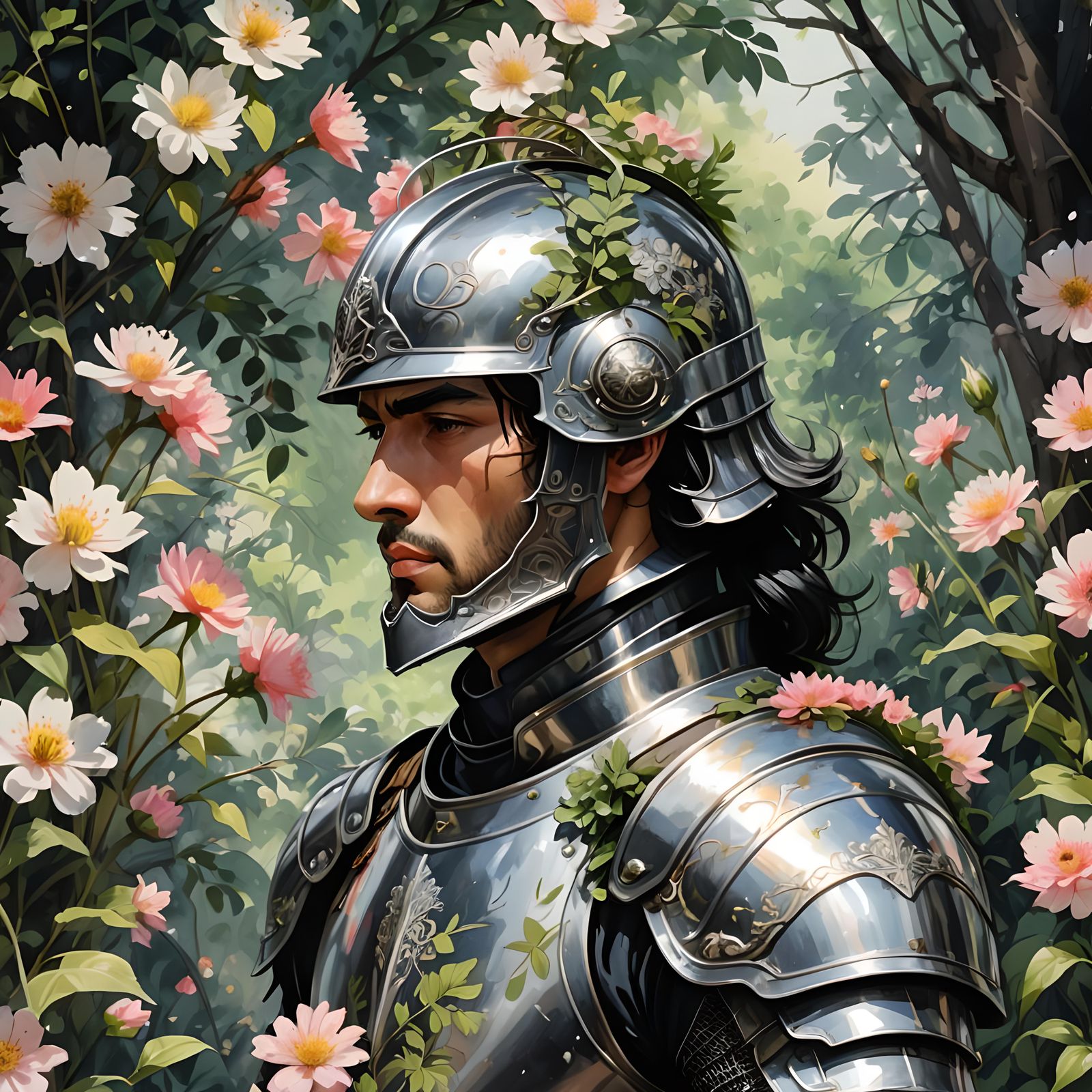 knight, black hair not helmet stubble, handsome, flowers, leaves, nature, blossom, overgrown, portraitflowerswatercolou...