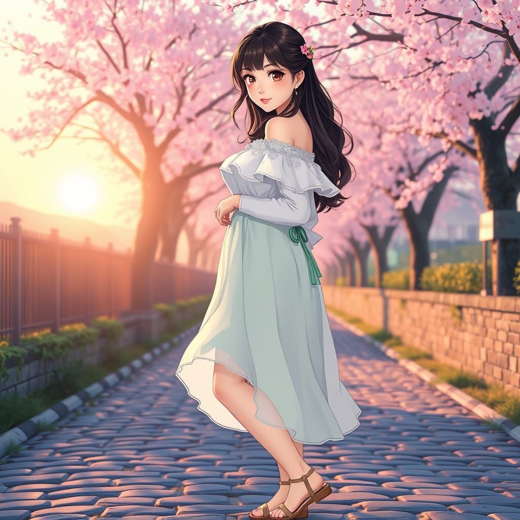 Elegant Anime Woman Under Cherry Blossoms