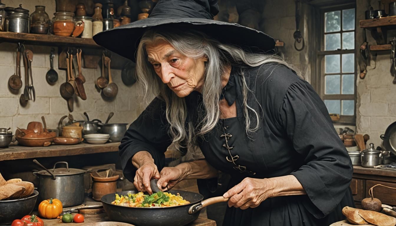 Elderly Witch Cooking Potions, Horror Style
