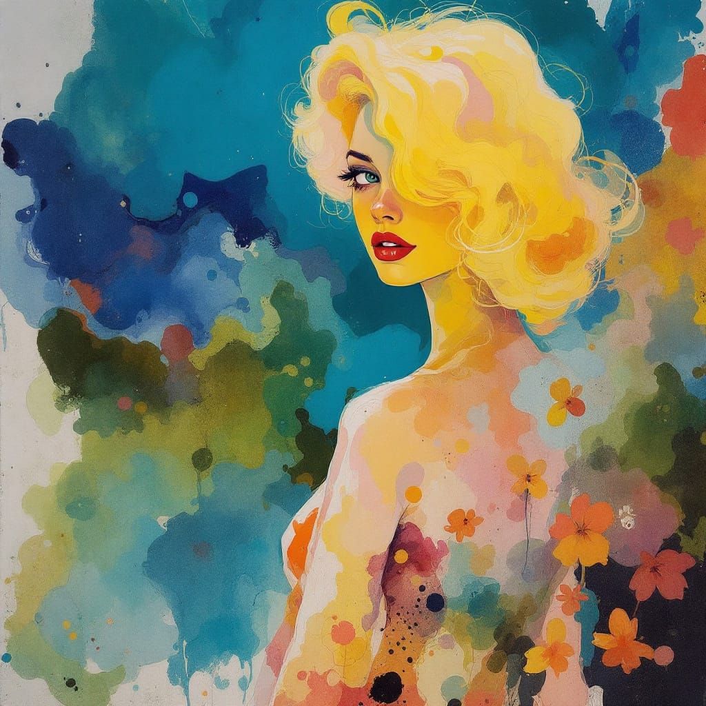 Pin-Up Woman with Watercolor Blooms and Bold Pigment