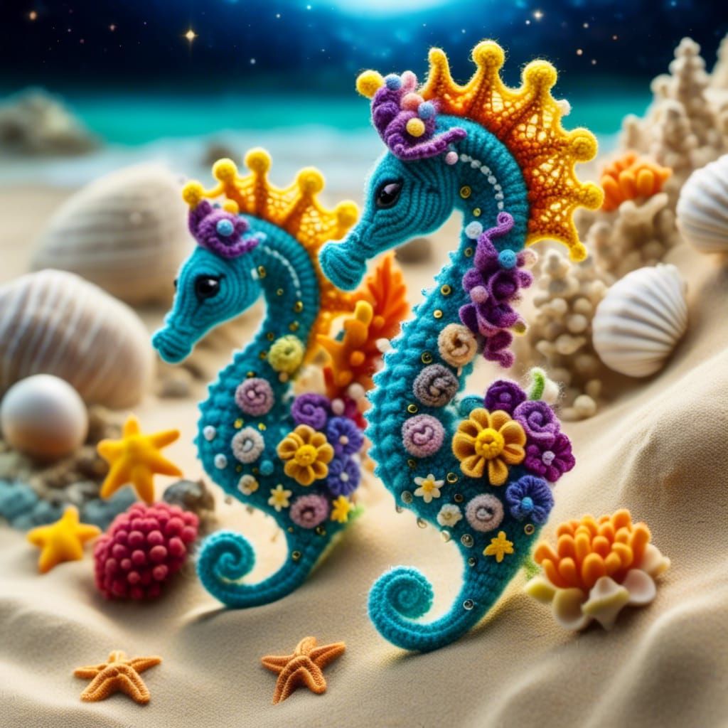 Whimsical Crochet Seahorse Family on Cosmic Beach