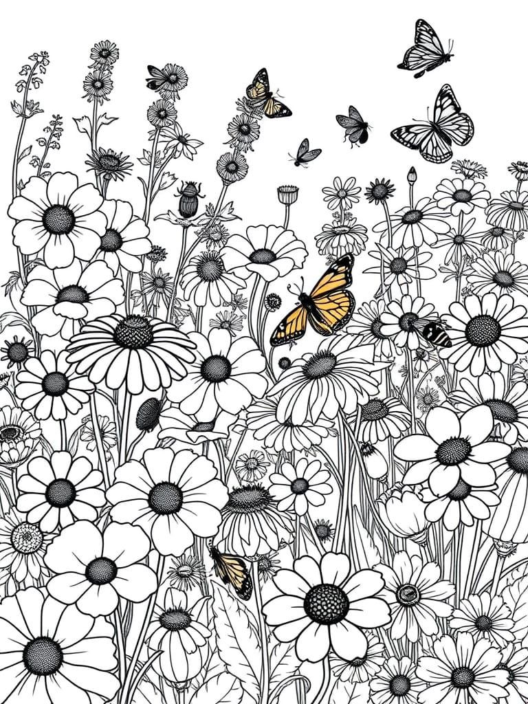 Flowers and Bees Colouring Page