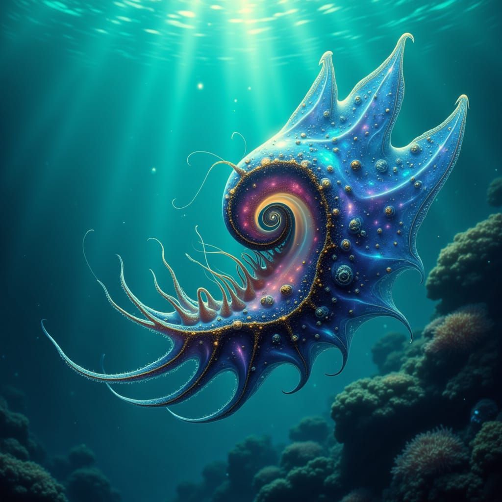 Nautilus Drifts in Deep Blue Ocean, Photorealistic Concept A...