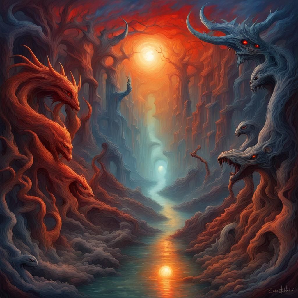 Surreal Path Uniting Heaven and Hell in Vivid Colors