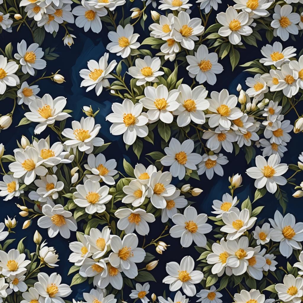 White Flowers with Yellow Centers on Dark Blue
