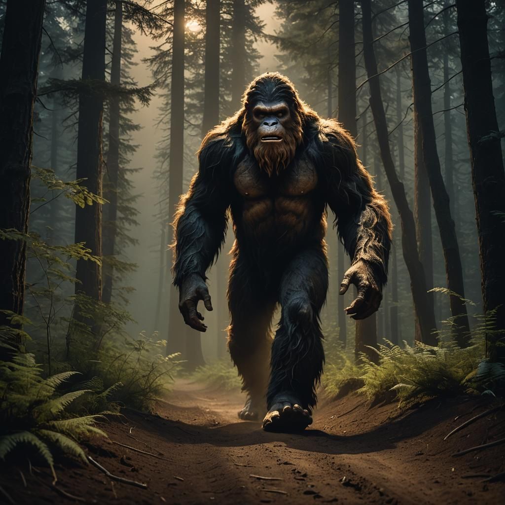 Bigfoot Walks Dark Forest Trail: Wildlife Photography