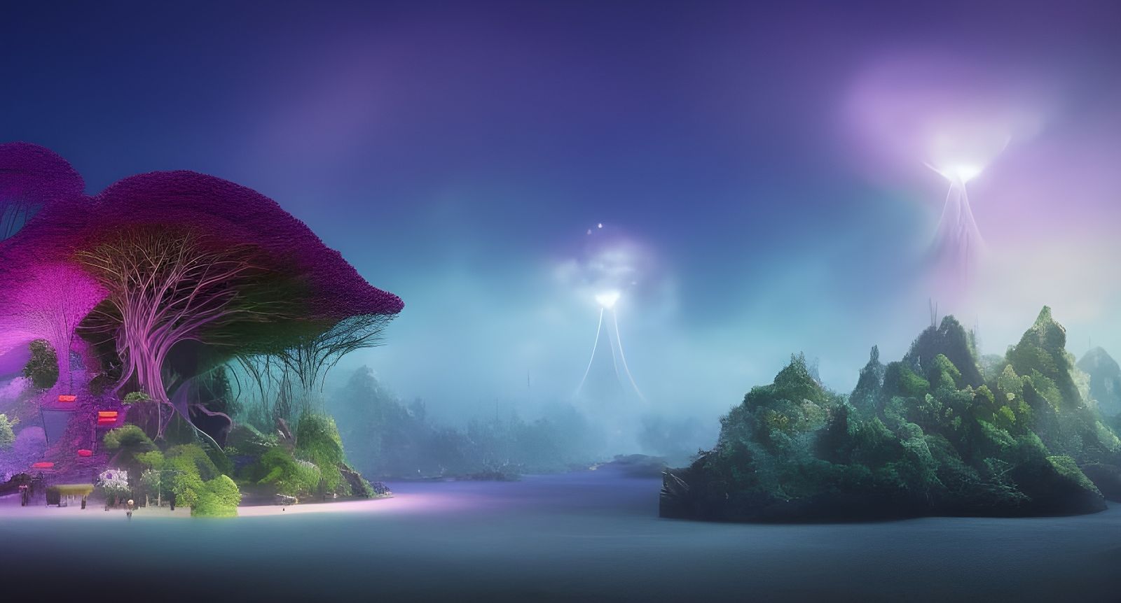 Magical Forest with Flying Creatures and Synthwave Castle