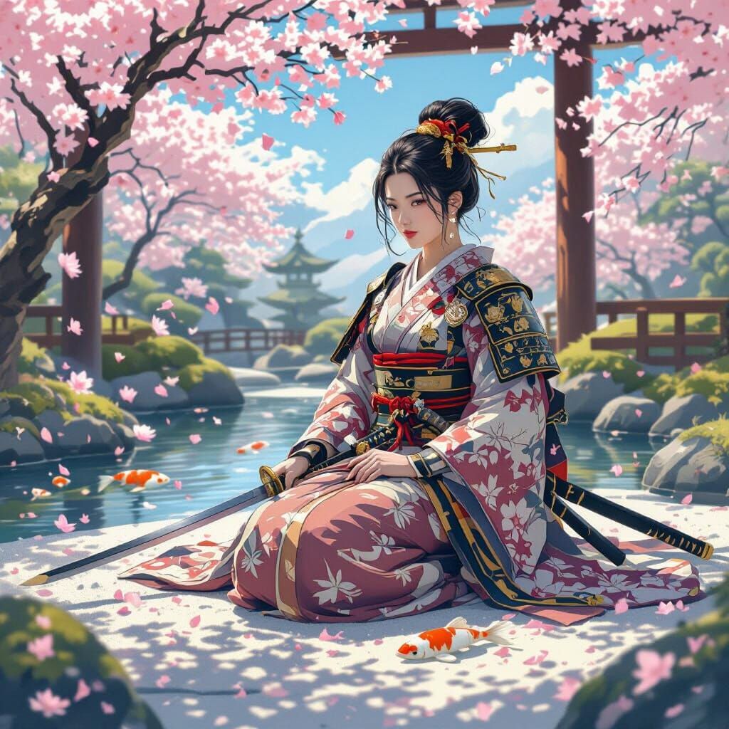 Female Samurai Meditating in Zen Garden as Japanese Art