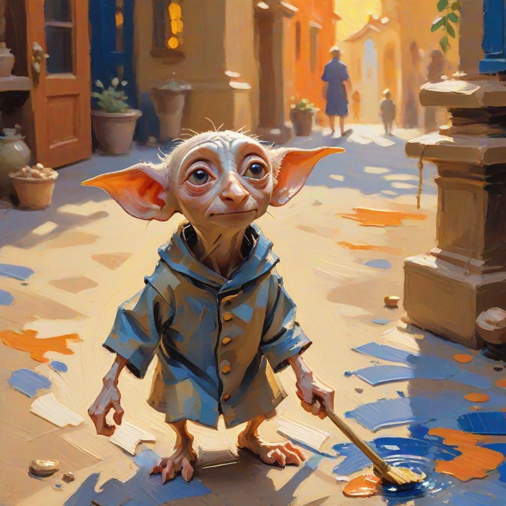 Happy Dobby the House Elf in Gouache Style