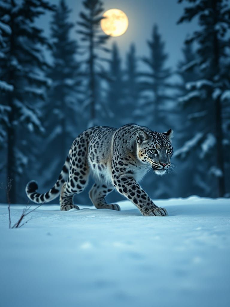 Snow Leopard in Serene Winter Landscape