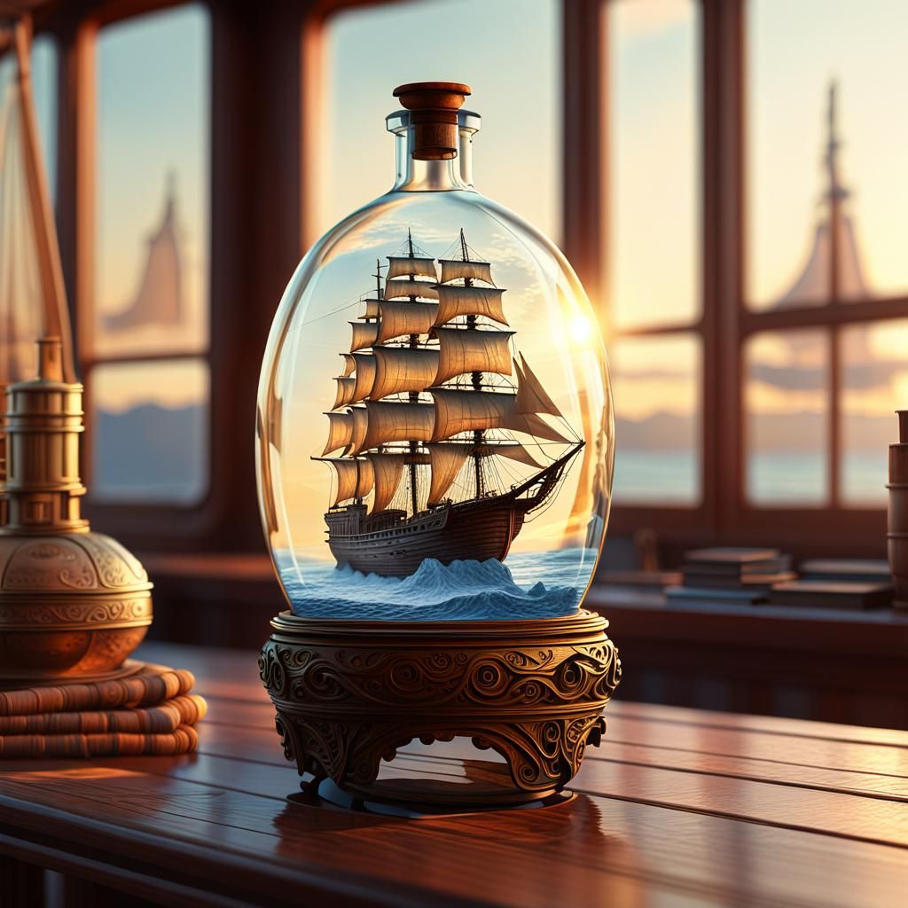 Majestic Sailing Ship in a Bottle, Digital Painting