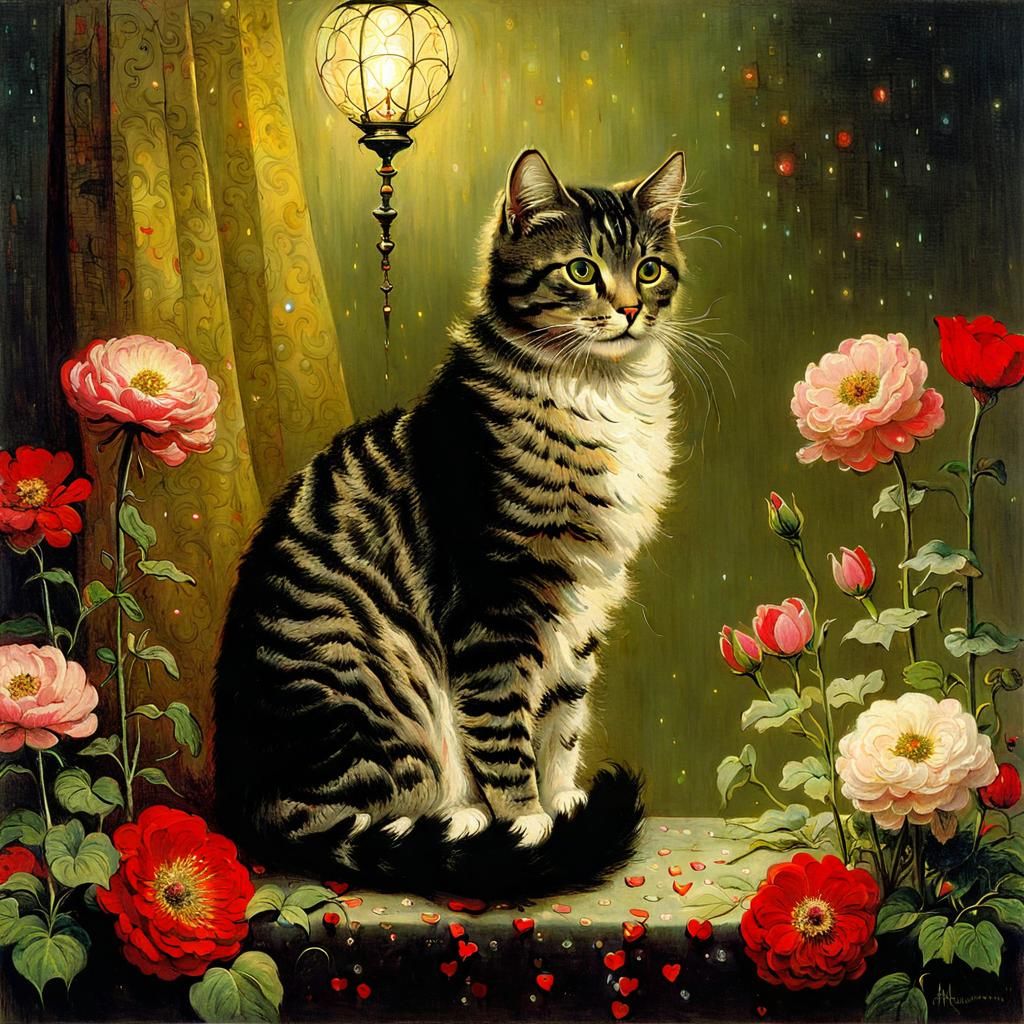 Cat Surrounded by Flowers in Victorian Style
