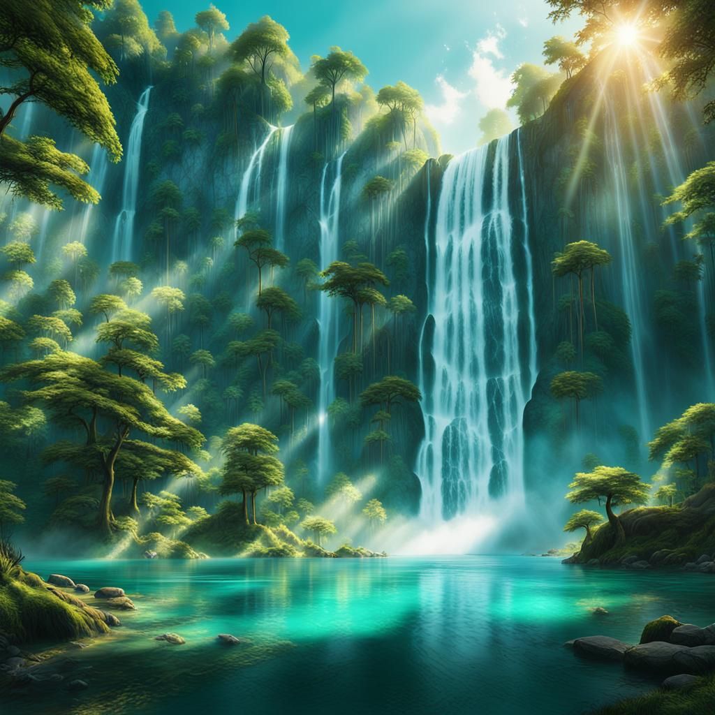 Majestic Waterfall in Lush Forest: Fantasy Matte Painting