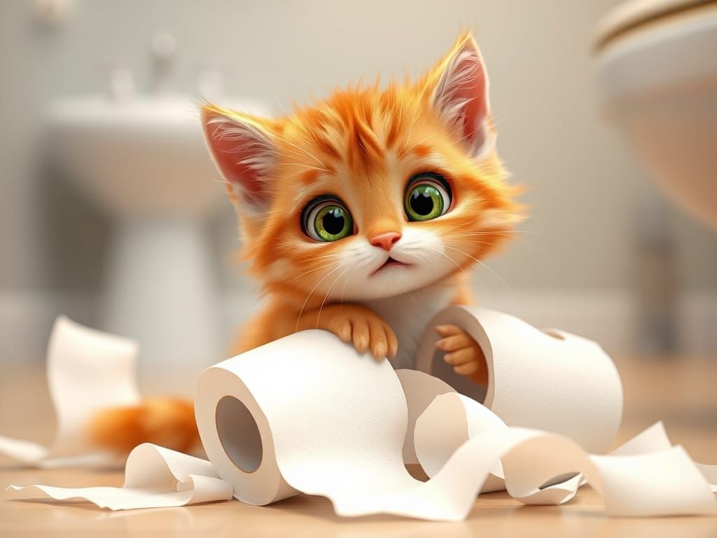 Whimsical Kitten Unravels Toilet Paper Chaos in 3D Digital A...