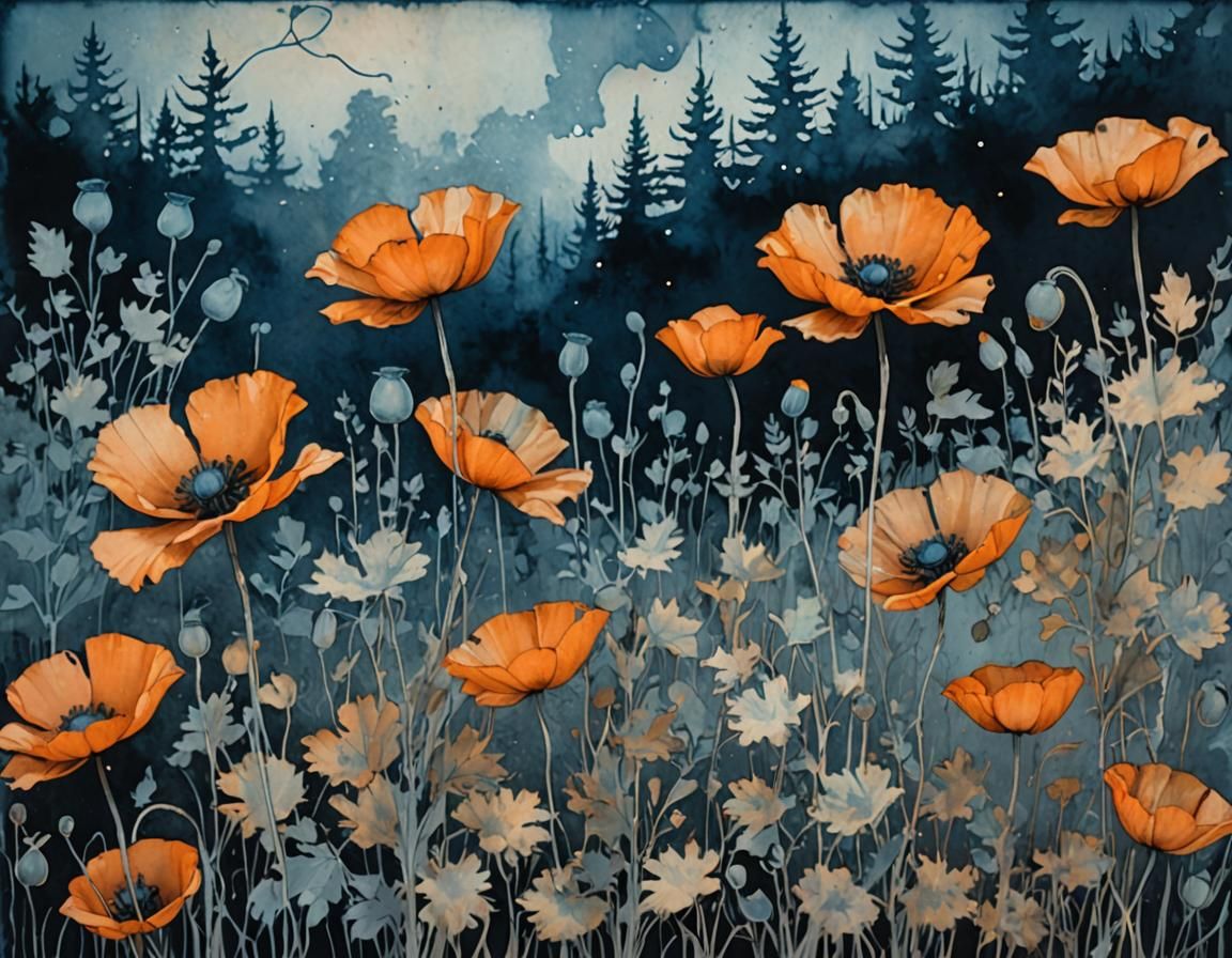 Ethereal Cyanotype Landscape with Distressed Orange Poppies