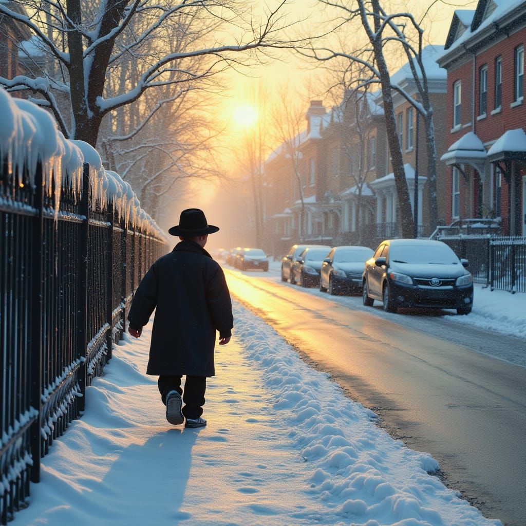 Orthodox Jewish Boy in Winter Wonderland Scene