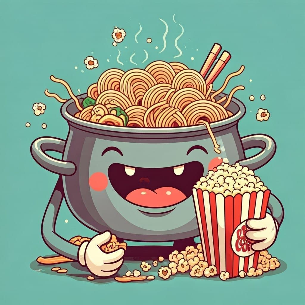 Cheerful Noodle Pot Devours Colorful Popcorn Box in Whimsica...