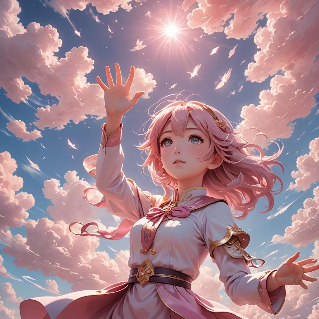 Anime Girl Flying with Magic in Pastel Colors