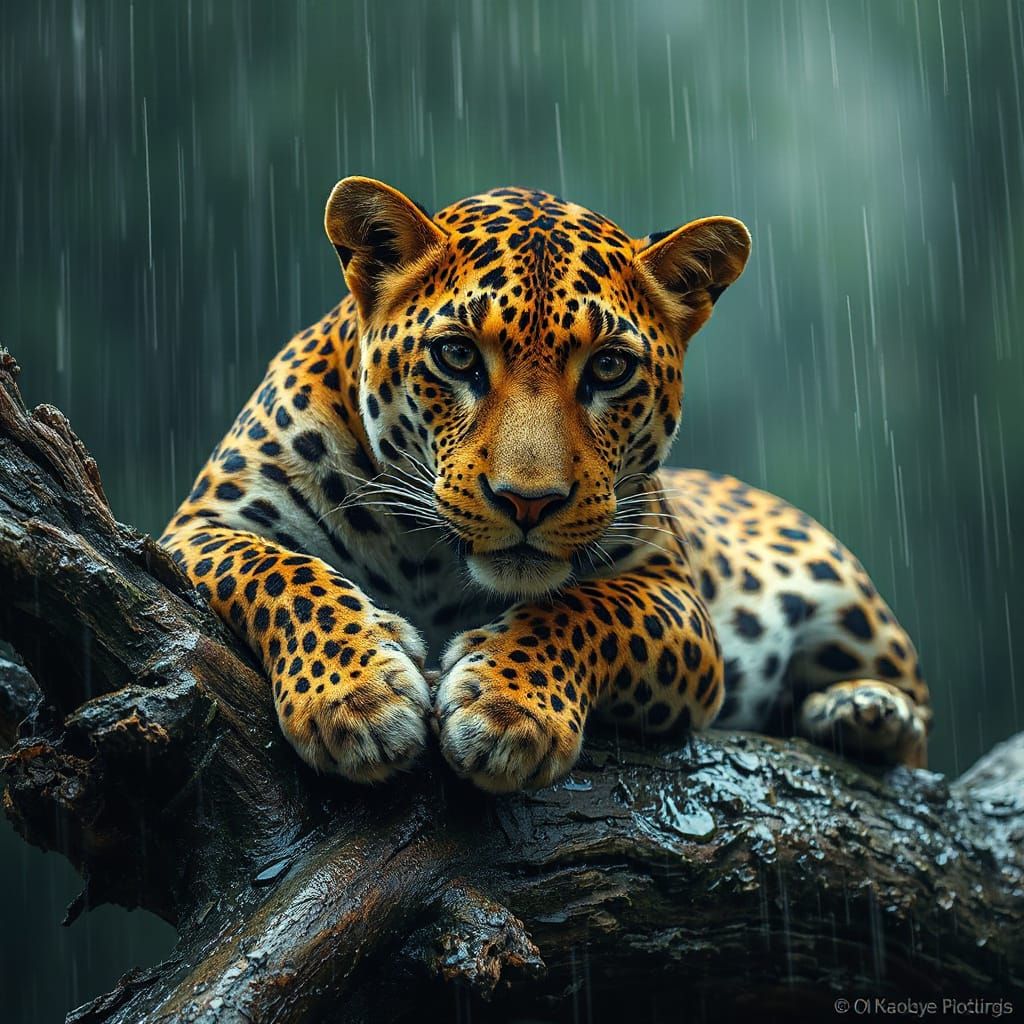 Leopard Lounging in Rain: Atmospheric Digital Art