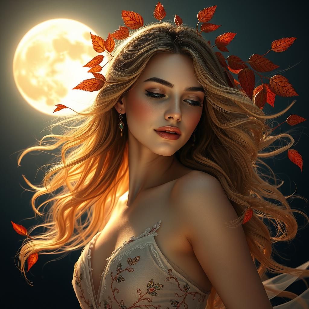Ethereal Autumn Woman Dancing in Moonlight