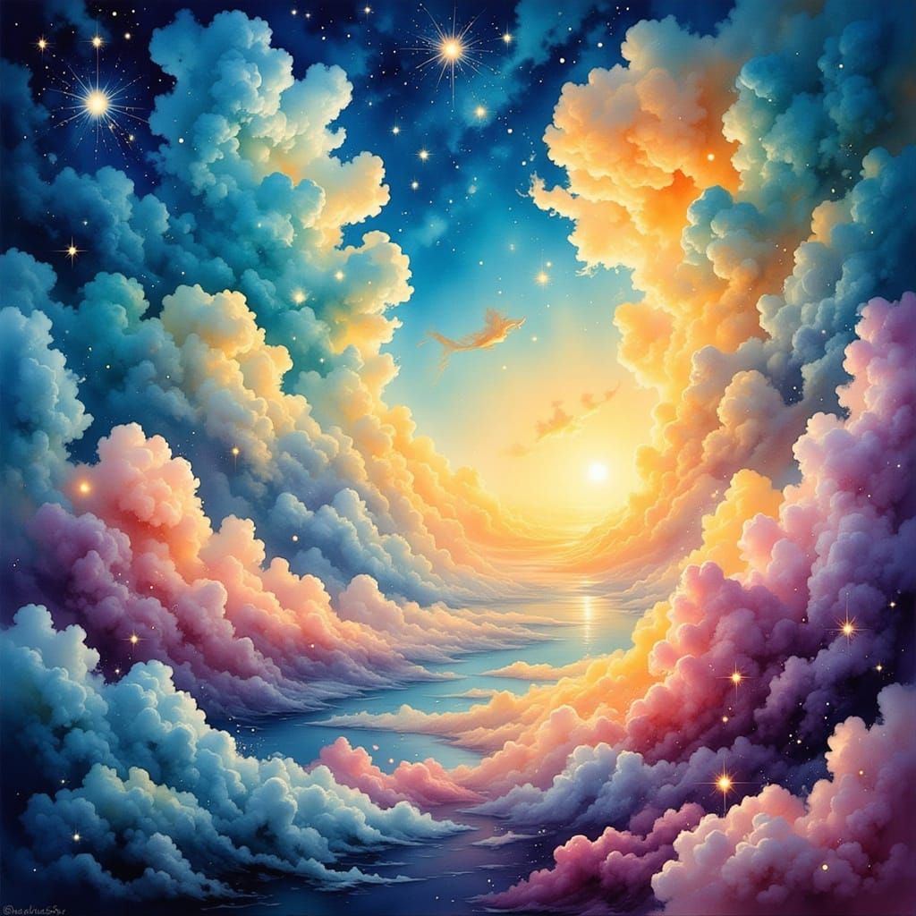 Neo-Expressionist Pin-Up with Vibrant Swirling Clouds and Sh...