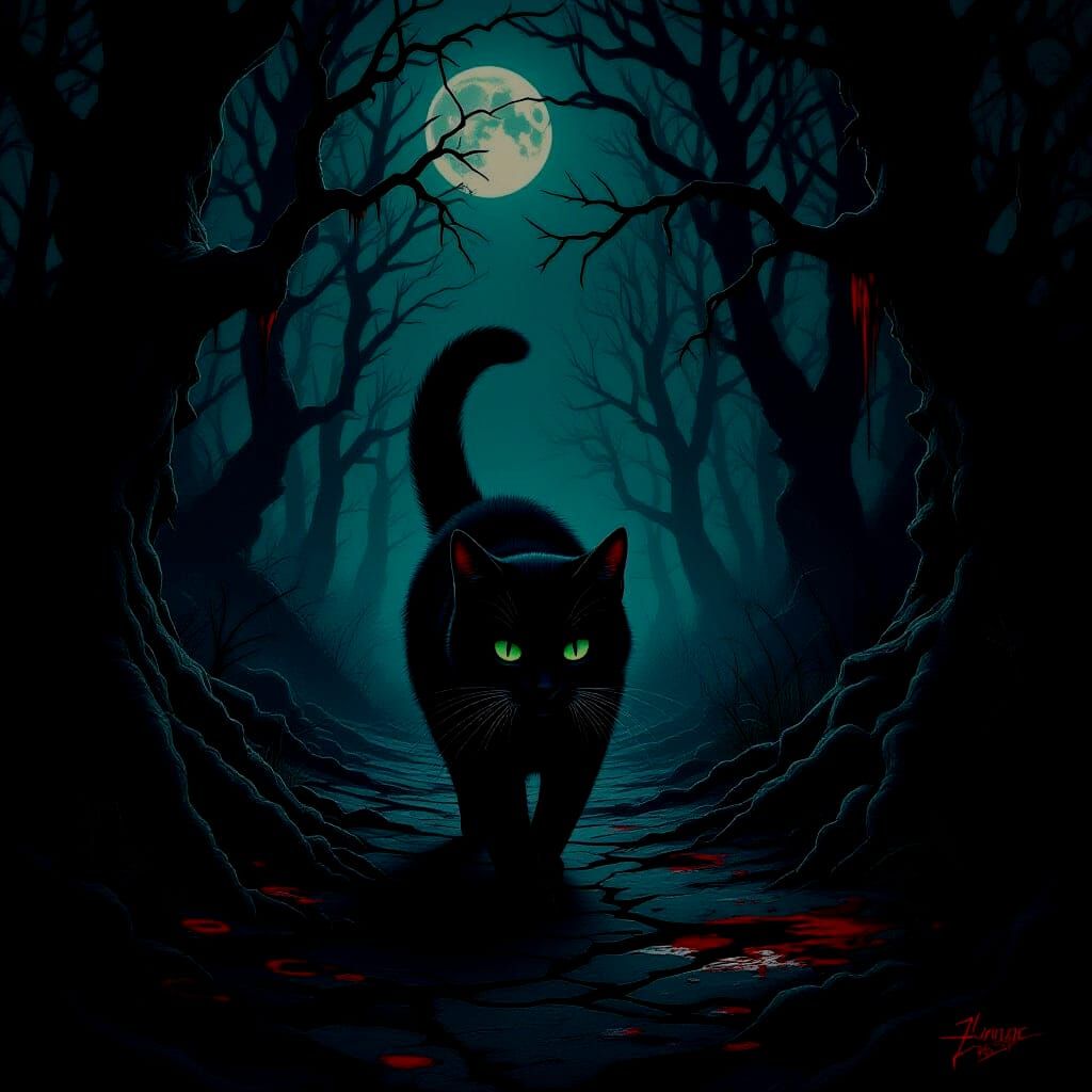 Gothic Black Cat in Blood-Splattered Forest