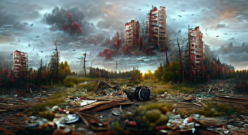 Dystopian Red: Post-Apocalyptic Robotic Cityscape