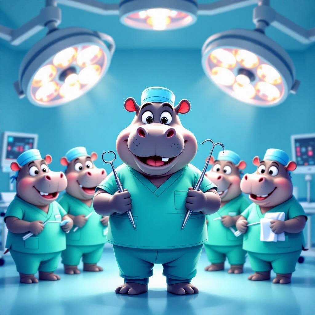 Cartoon Hippos Performing Surgery in Brightly Lit Room