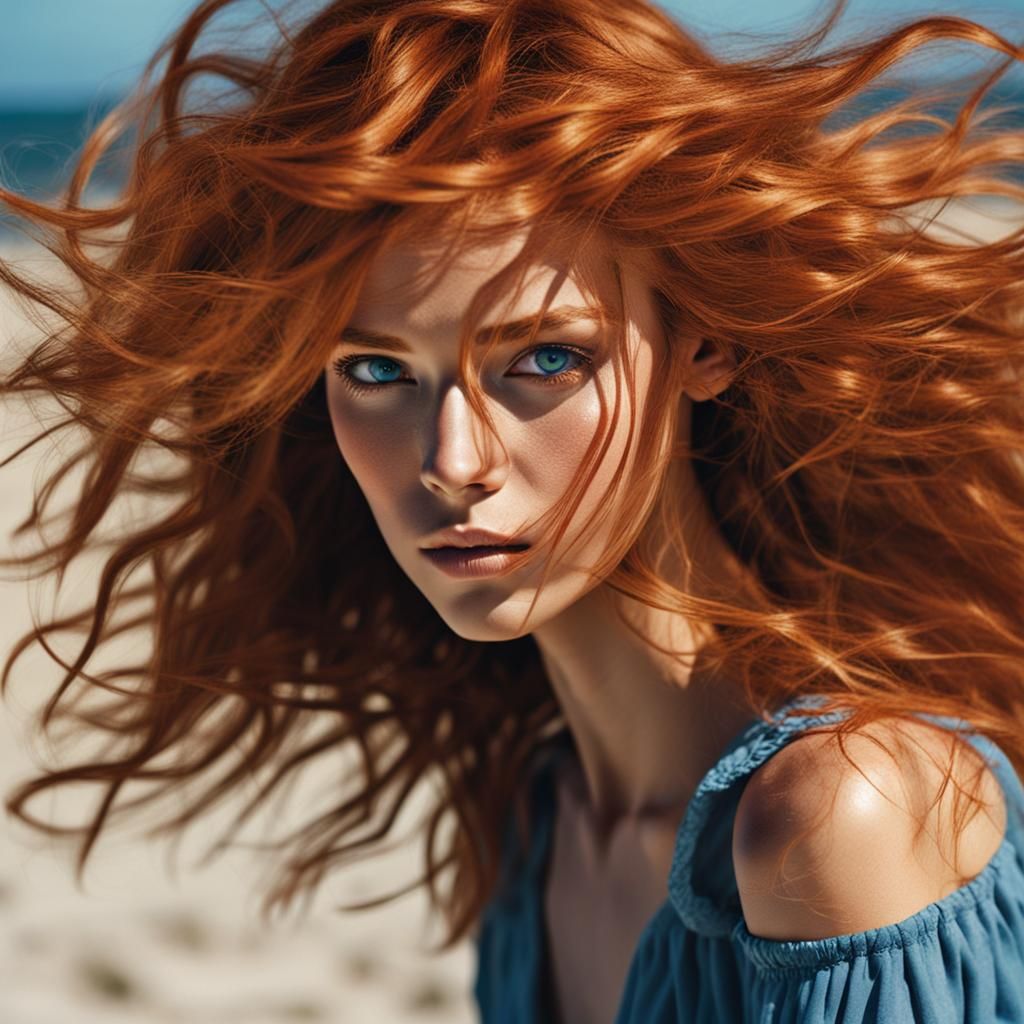 Sensual Redhead on Windy Beach