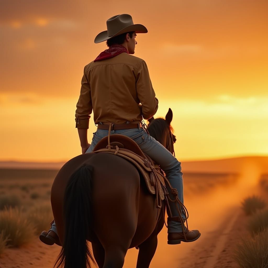 Lone Rider Silhouetted Against Crimson Western Sky