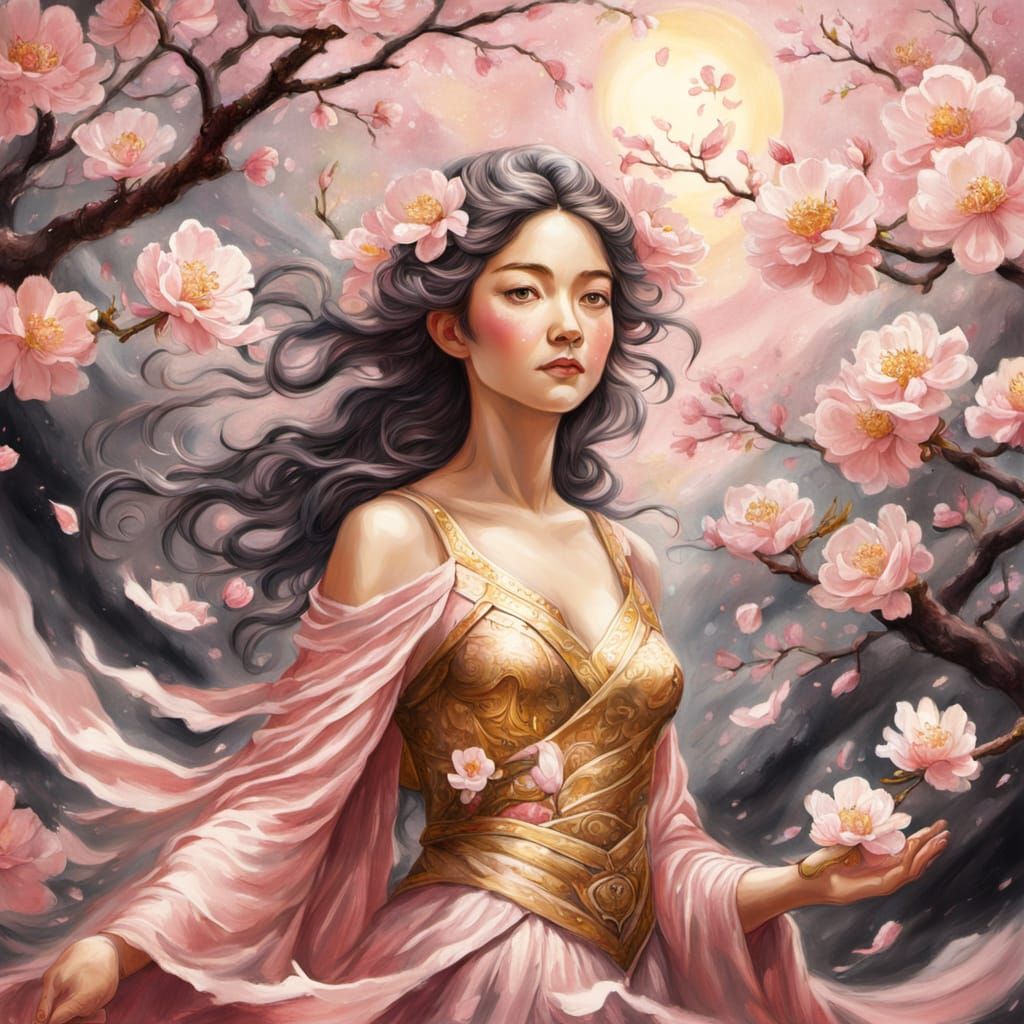 Cherry Blossom Goddess Emerges in Rose Landscape