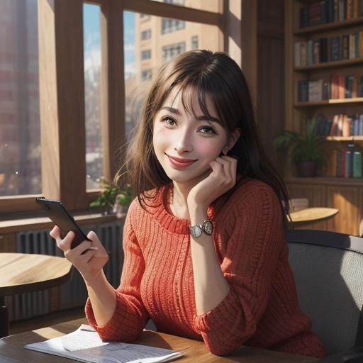 Joyful Woman Learning Spanish in Vibrant Portrait